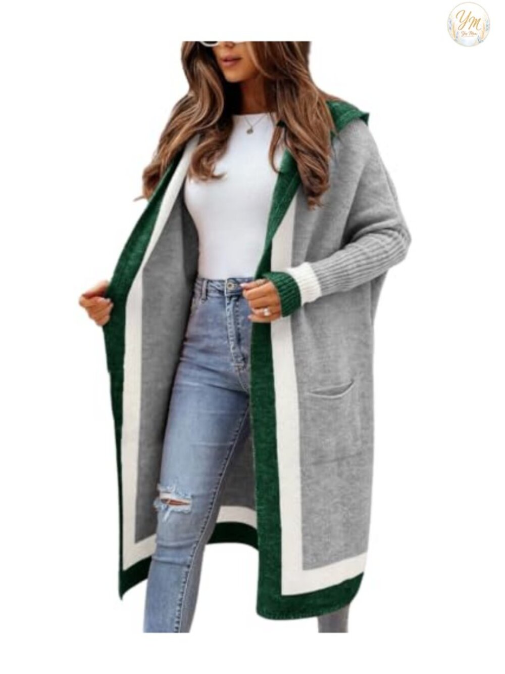 Oversized Hooded Long Cardigan Sweater with Pockets Color Block Striped Knit